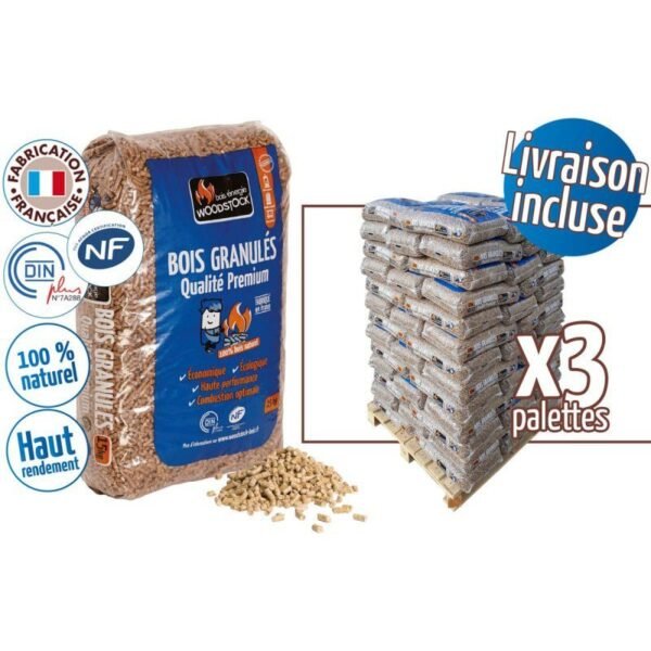 WOODSTOCK Holzpellets 3 Paletten mit 216 Säcken à 15 kg Premium DINplus/NF Qualität 100 % Nadelholz