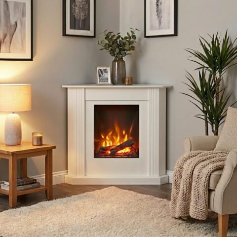 Aerzener Elektro-Eckkamin Helsinki Global de Luxe 78 – Elektrokamin mit 3D-Optimyst-Flammeneffekt in Brillantweiß