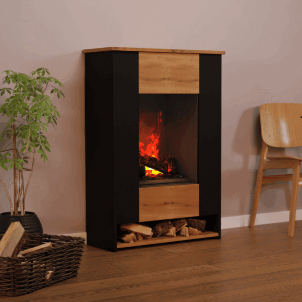 Aerzener Elektrokamin Aachen in Holzoptik mit 3D-Optimyst-Flammeneffekt, Heizfunktion und Holzfach Garvens