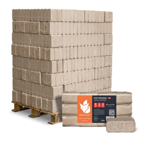 RUF Original Red Holzbriketts 96 × 10 kg – 960 kg Palette – Premium Hartholzbriketts
